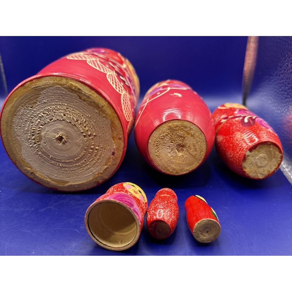 Hand Painted Wooden Russian Matryoshka Nesting Dolls Pink Floral 6pc Set Read - Picture 7 of 9